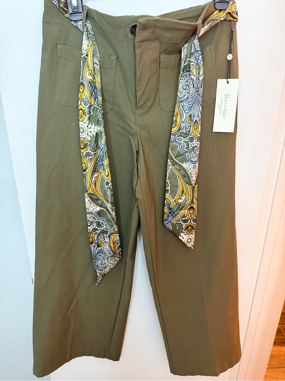 High-Rise Olive Green Women’s Chinos with Scarf Tie